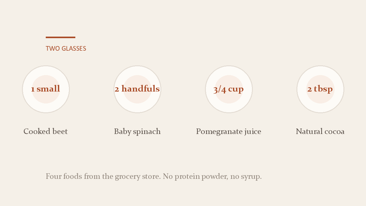 Labeled diagram of the four foods for two glasses: a cooked beet, a handful of baby spinach, a glass of pomegranate juice and a spoonful of natural cocoa powder.